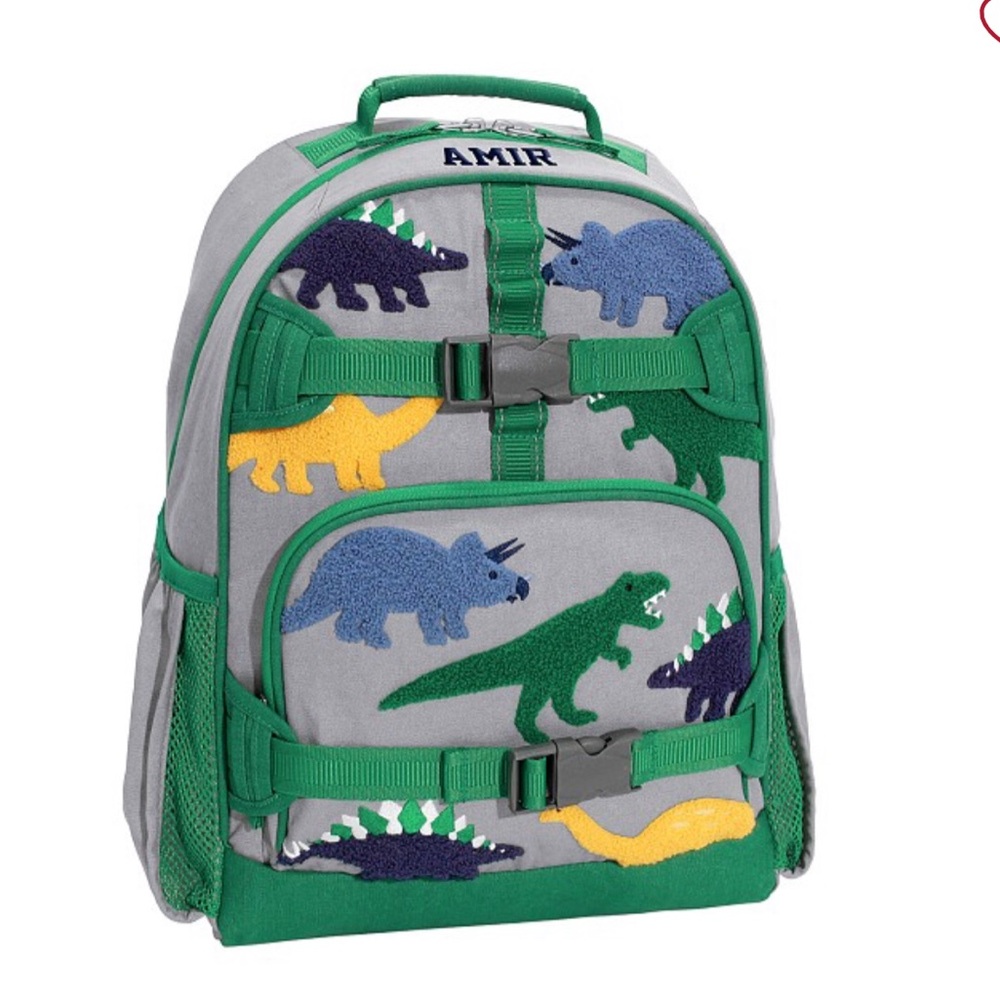 Pottery Barn Kids Gray and Green Mackenzie Chenille Dinosaur Appliqués Backpack